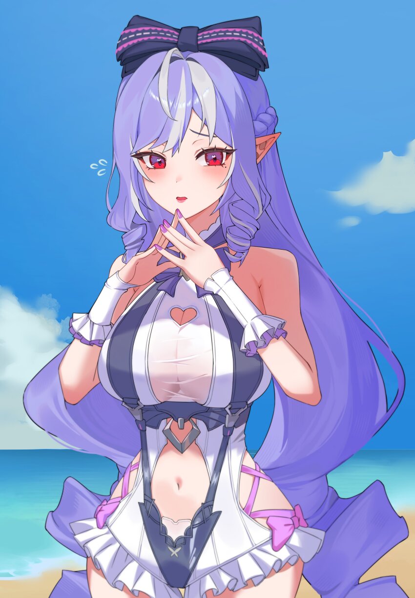 1girl, absurdres, bare_shoulders, beach, blue_sky, blush, bow, breasts