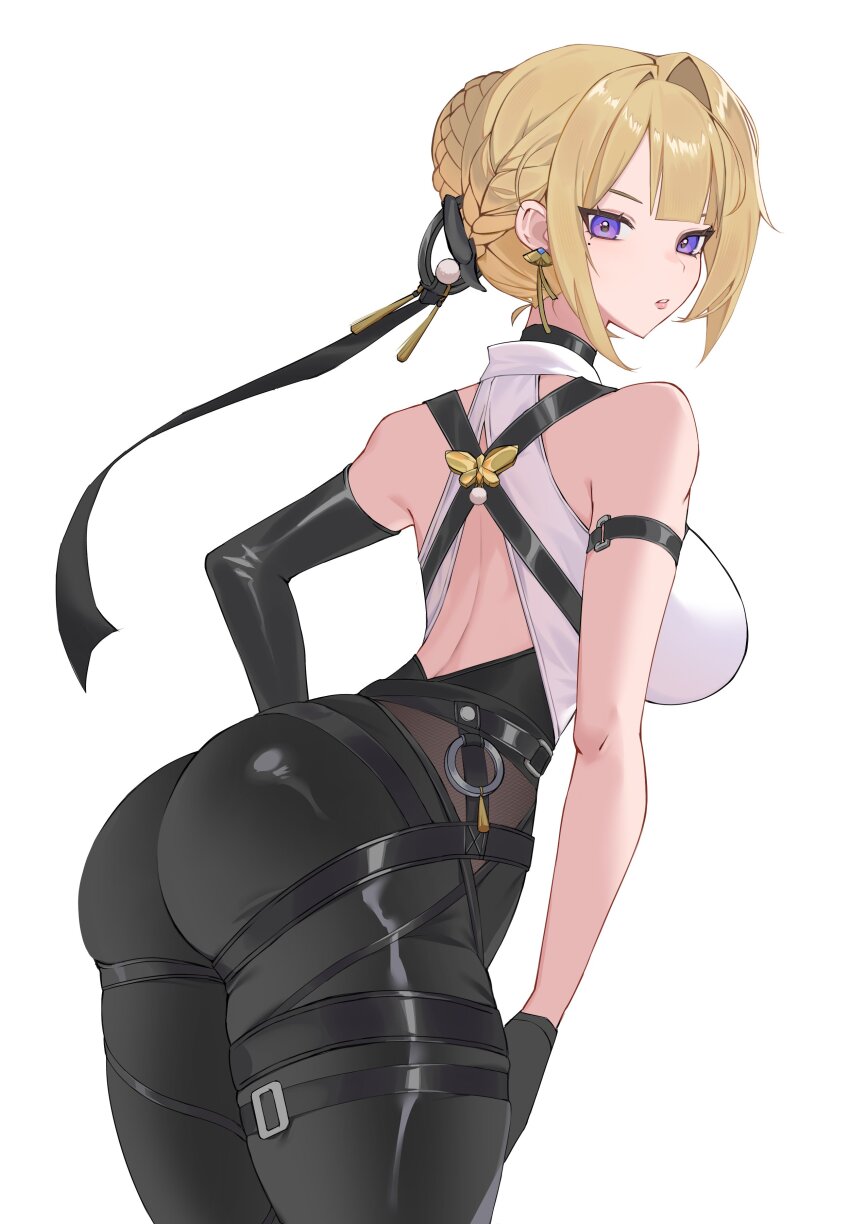 1girl, absurdres, black_gloves, black_pants, blonde_hair, breasts, commentary, earrings, evelyn_chevalier, gloves, highres, jewelry, large_breasts, looking_at_viewer, mole, mole_under_eye, nyan_punch, pants, purple_eyes, shirt, short_hair, simple_background, solo, untranslatable_commentary, white_background, white_shirt, zenless_zone_zero