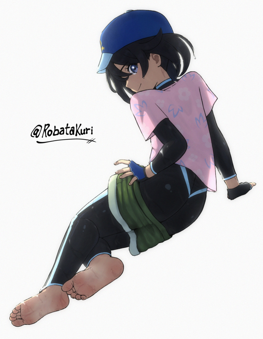 1girl, arm_support, barefoot, black_bodysuit, black_hair, blue_gloves, blue_hat, bodysuit