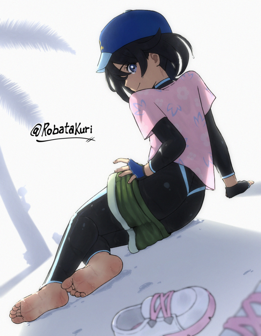 1girl, arm_support, barefoot, black_bodysuit, black_hair, blue_gloves, blue_hat, bodysuit