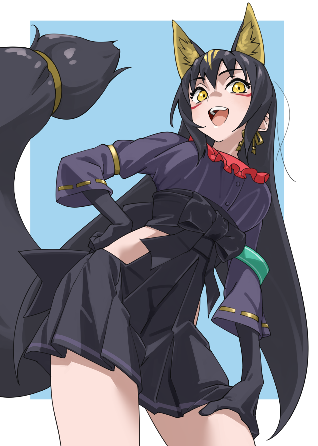 1girl, :d, animal_ear_fluff, animal_ears, armband, ascot, bare_legs, black_gloves
