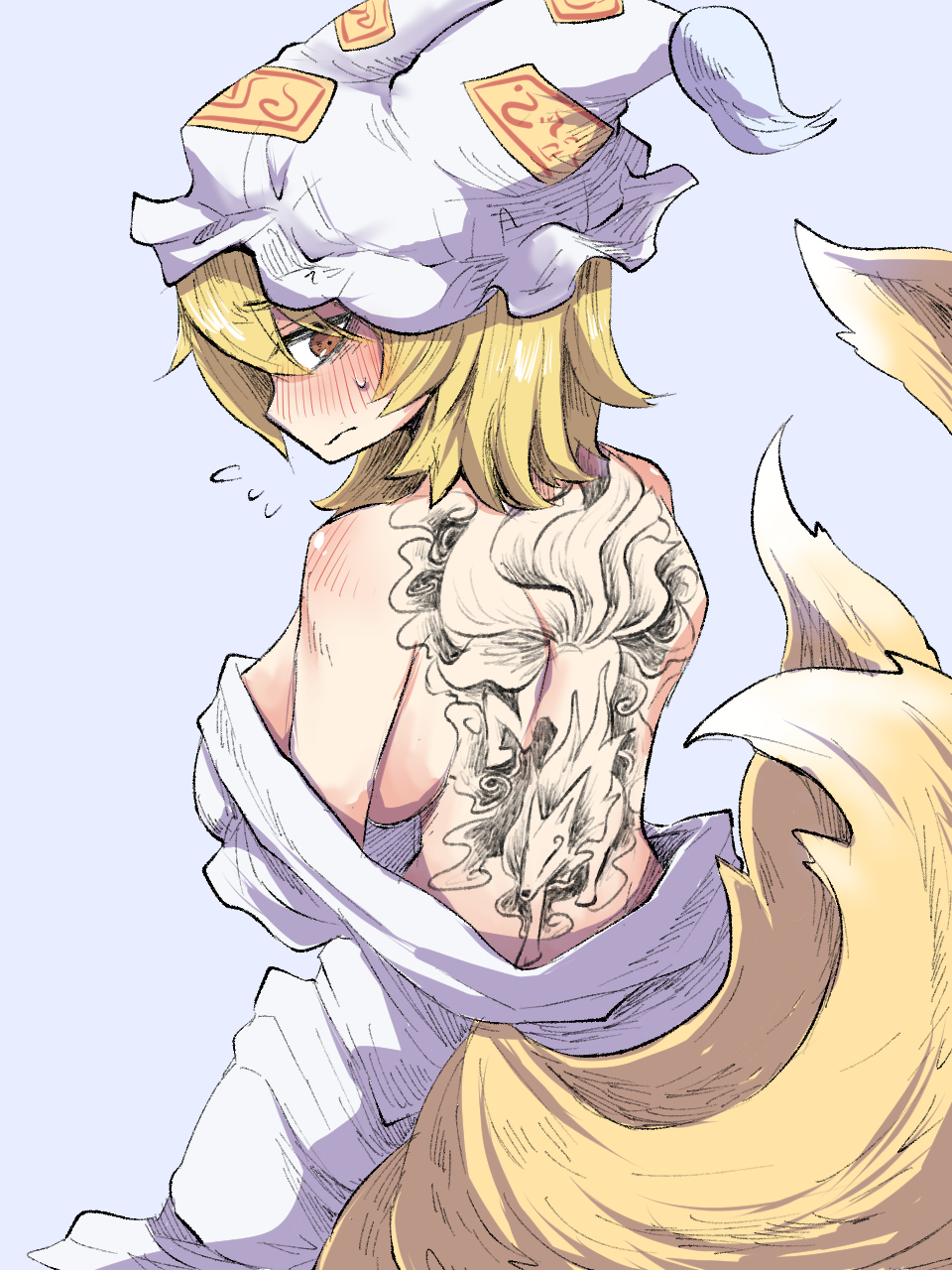 1girl, abuo_(abuosann), back, back_tattoo, bare_back, blonde_hair, blue_background, blush