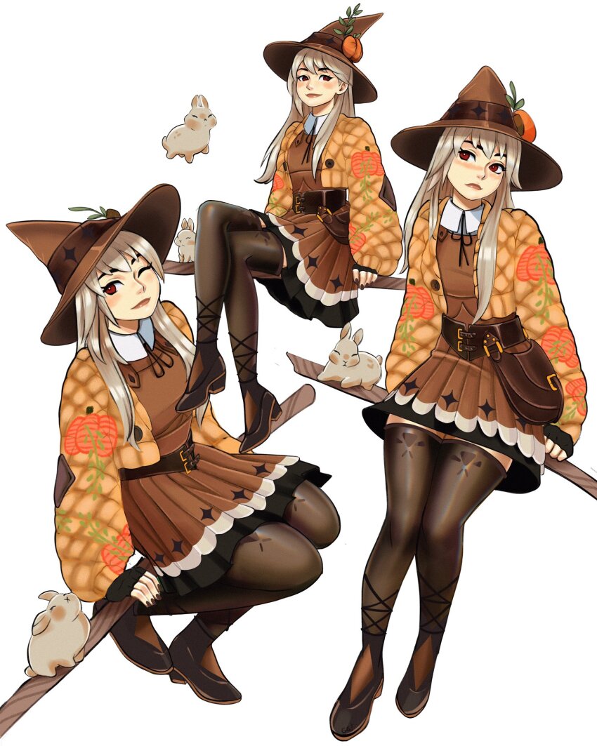 1girl, bag, belt, black_nails, blush, broom, broom_riding, brown_bag