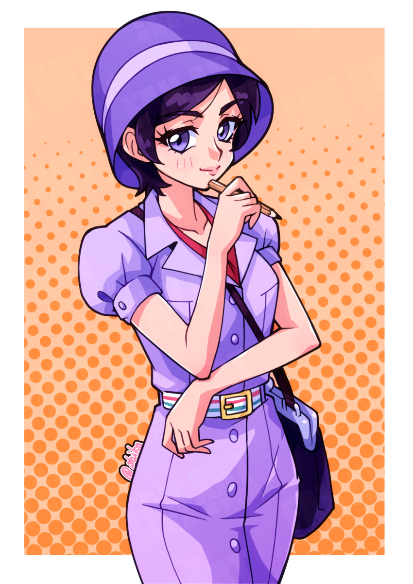 1920s_fashion, 1girl, artist_name, asakura_tae, bag, belt, border, buttons