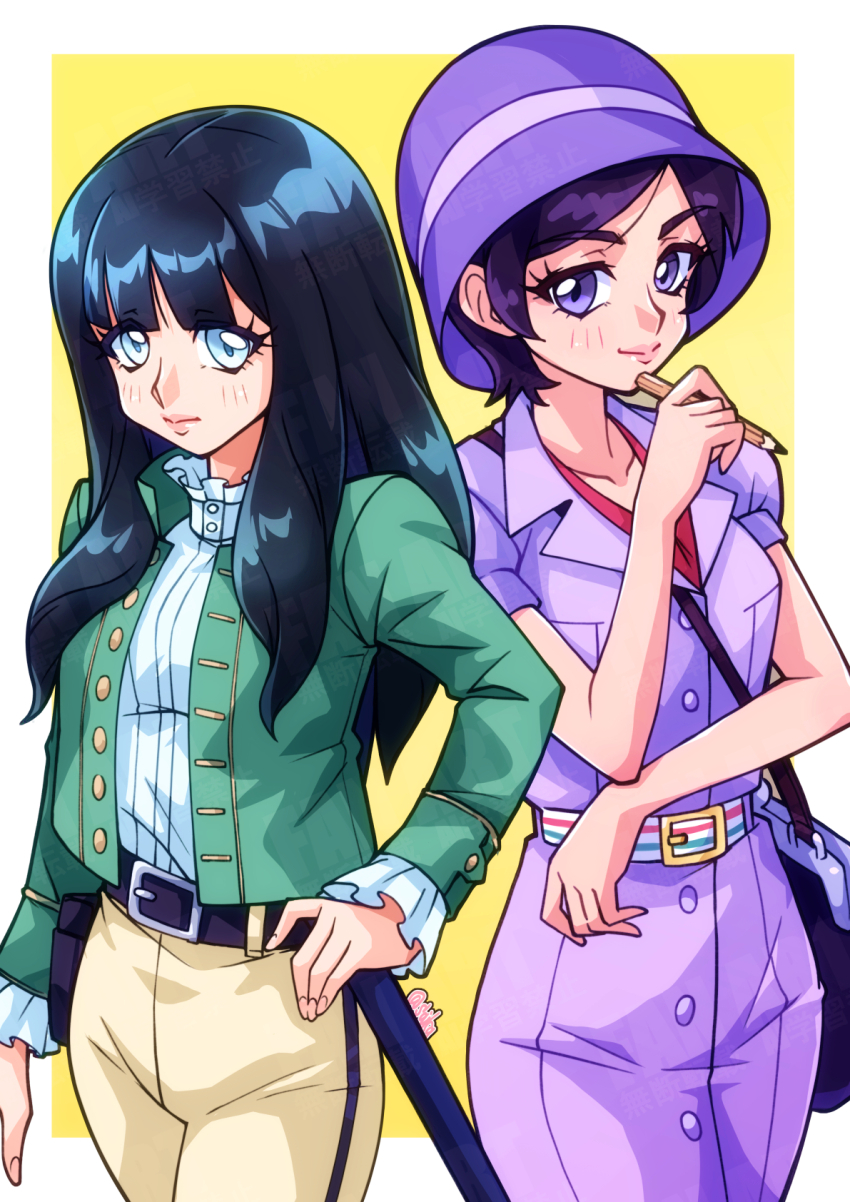 1920s_fashion, 2girls, artist_name, asakura_tae, bag, belt, blue_eyes, blue_hair