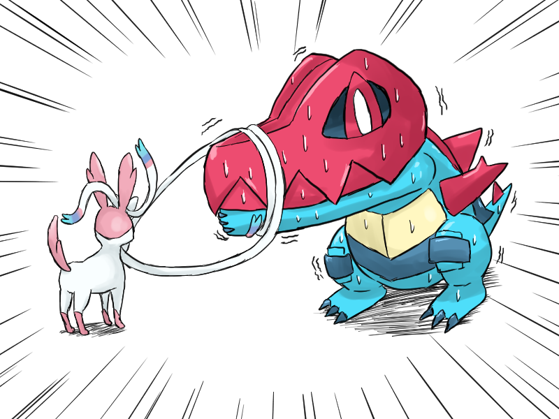 2-gou_blue, blue_skin, bound, bound_arms, clawed_feet, colored_skin, commentary_request, feraligatr