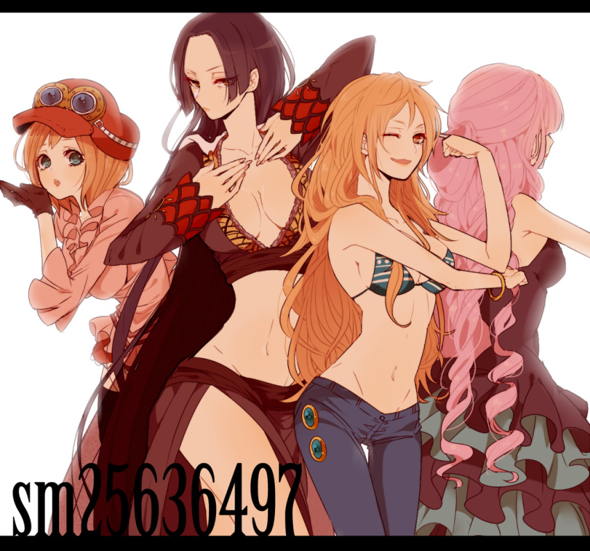 4girls, bikini, bikini_top_only, black_hair, black_thighhighs, blue_eyes, boa_hancock, bracelet