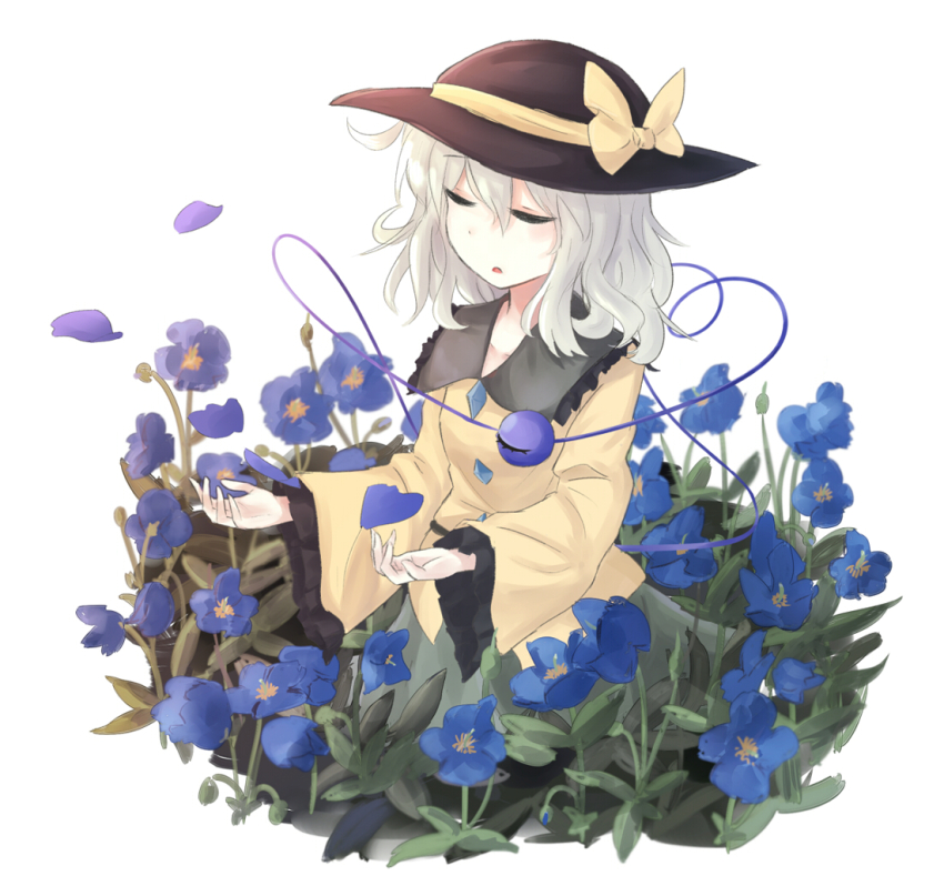 1girl, :o, black_hat, blouse, blue_flower, bow, bowler_hat, closed_eyes