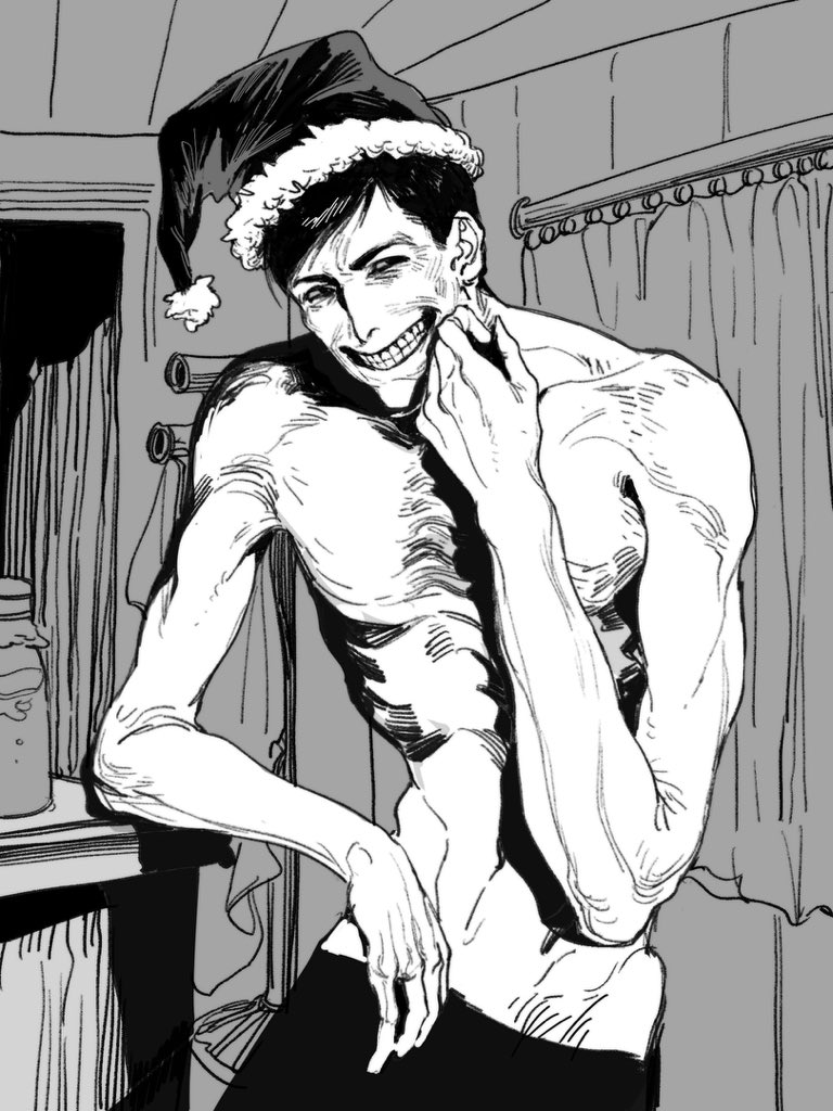 1boy, christmas, elbow_on_table, emaciated, greyscale, hat, indoors, intruder_(no_i'm_not_a_human)