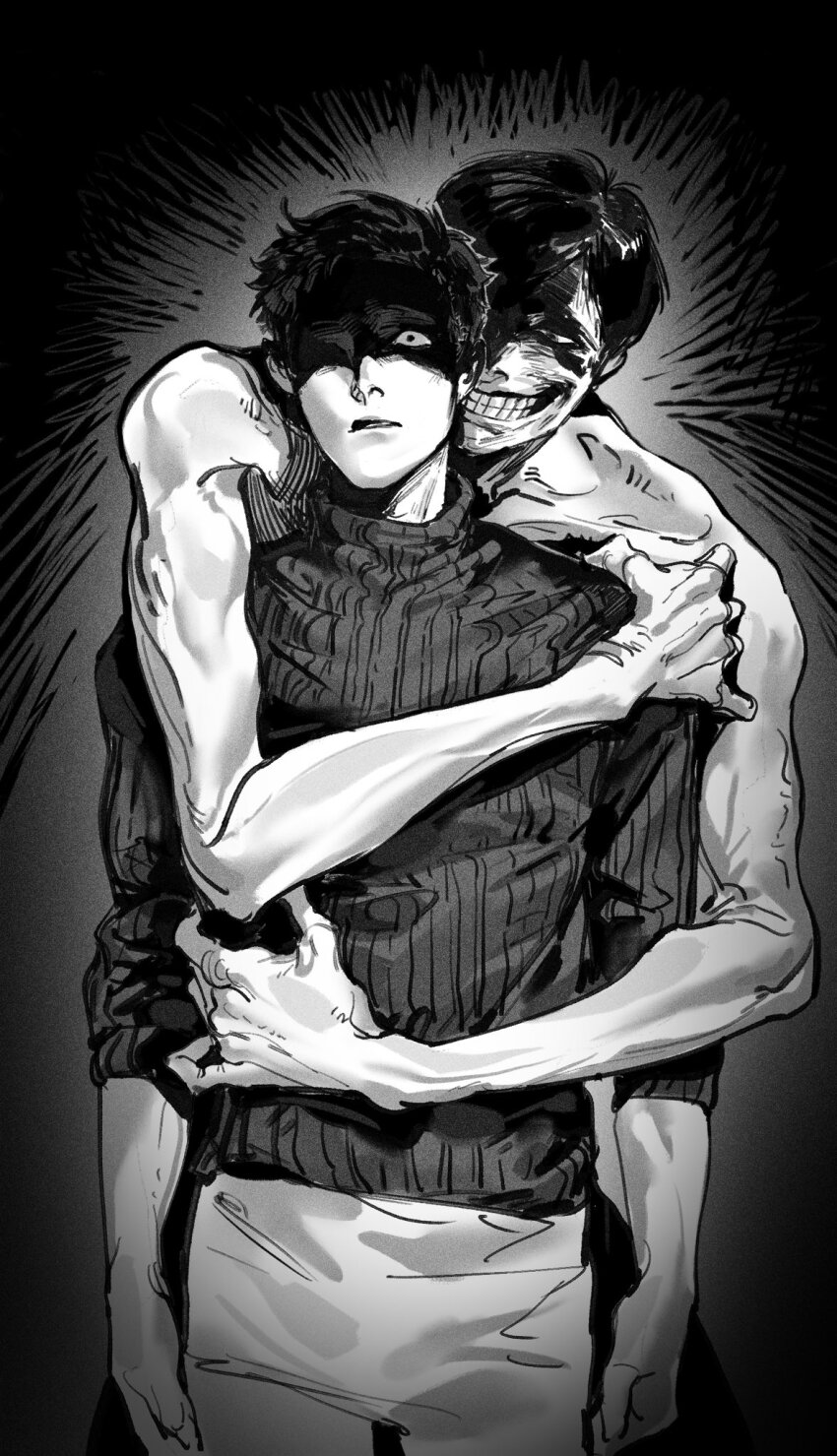 2boys, dark_background, emaciated, evil_smile, greyscale, highres, hug, hug_from_behind