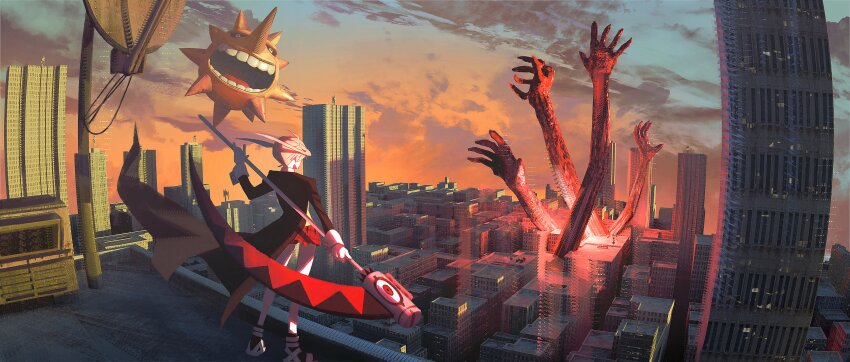 1girl, absurdres, black_coat, blonde_hair, building, city, cityscape, cloud