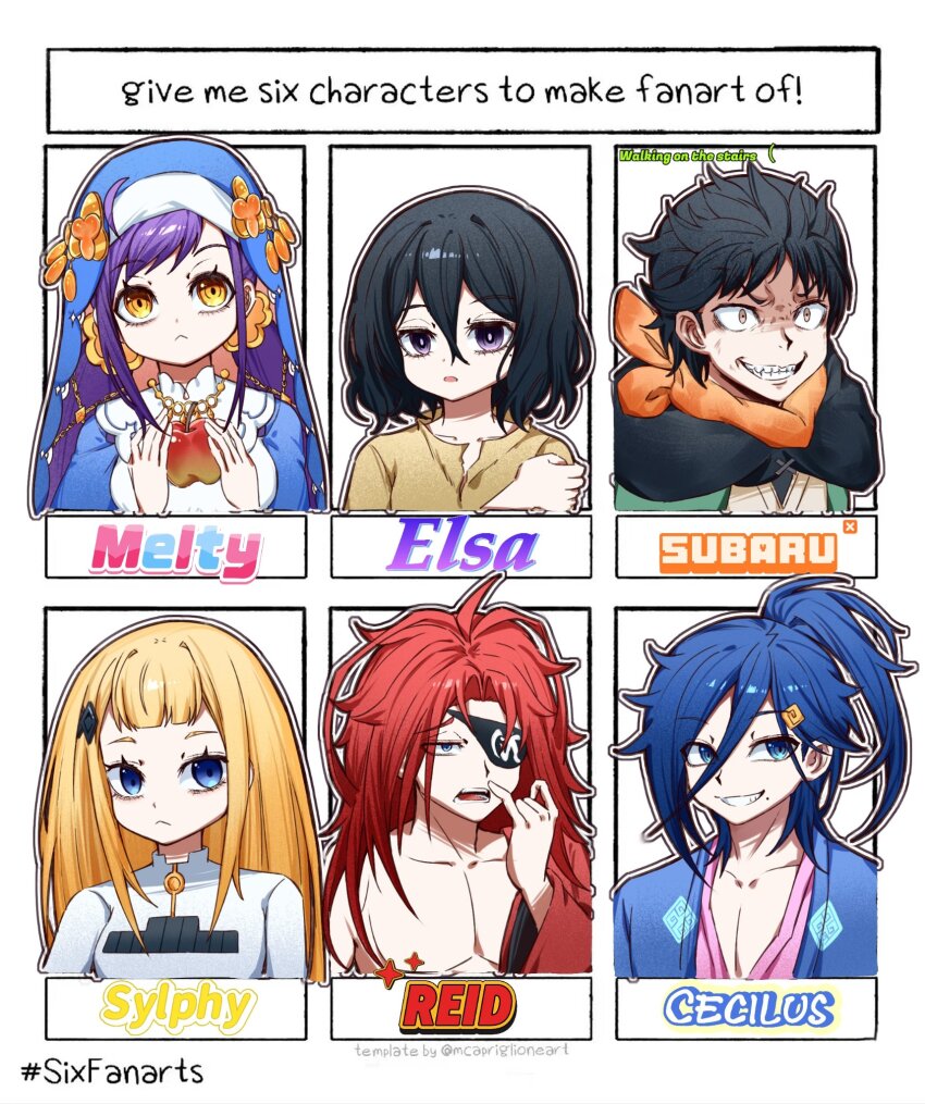 3boys, 3girls, apple, bags_under_eyes, black_hair, blonde_hair, blue_eyes, blue_hair