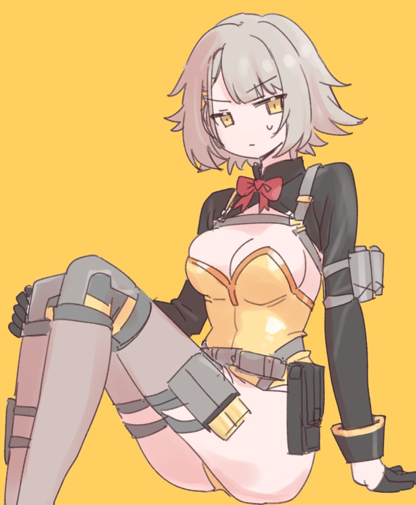 1girl, absurdres, belt, belt_pouch, black_shrug, bow, bowtie, breasts