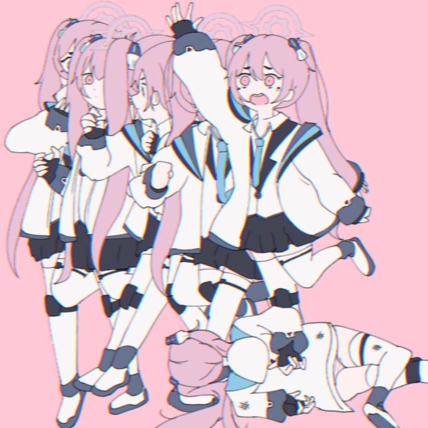 1girl, :d, black_gloves, black_shoes, black_skirt, black_socks, blue_archive, blue_necktie, blush, clock, closed_eyes, family_guy_death_pose_(meme), fang, fingerless_gloves, full_body, gloves, hair_between_eyes, halo, jacket, jacket_partially_removed, kokoyukich., koyuki_(blue_archive), kyu-kurarin_(cevio), long_hair, long_sleeves, lying, meme, necktie, obamium_(meme), open_mouth, panties, pink_background, pink_hair, pink_halo, recurring_image, shirt, shoes, skirt, smile, socks, striped_clothes, striped_panties, twintails, underwear, white_jacket, white_panties, white_shirt