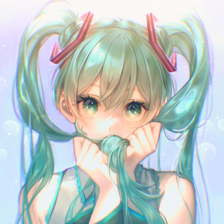 1girl, aqua_eyes, aqua_hair, bare_shoulders, covered_mouth, grabbing_own_hair, grey_shirt, hatsune_miku
