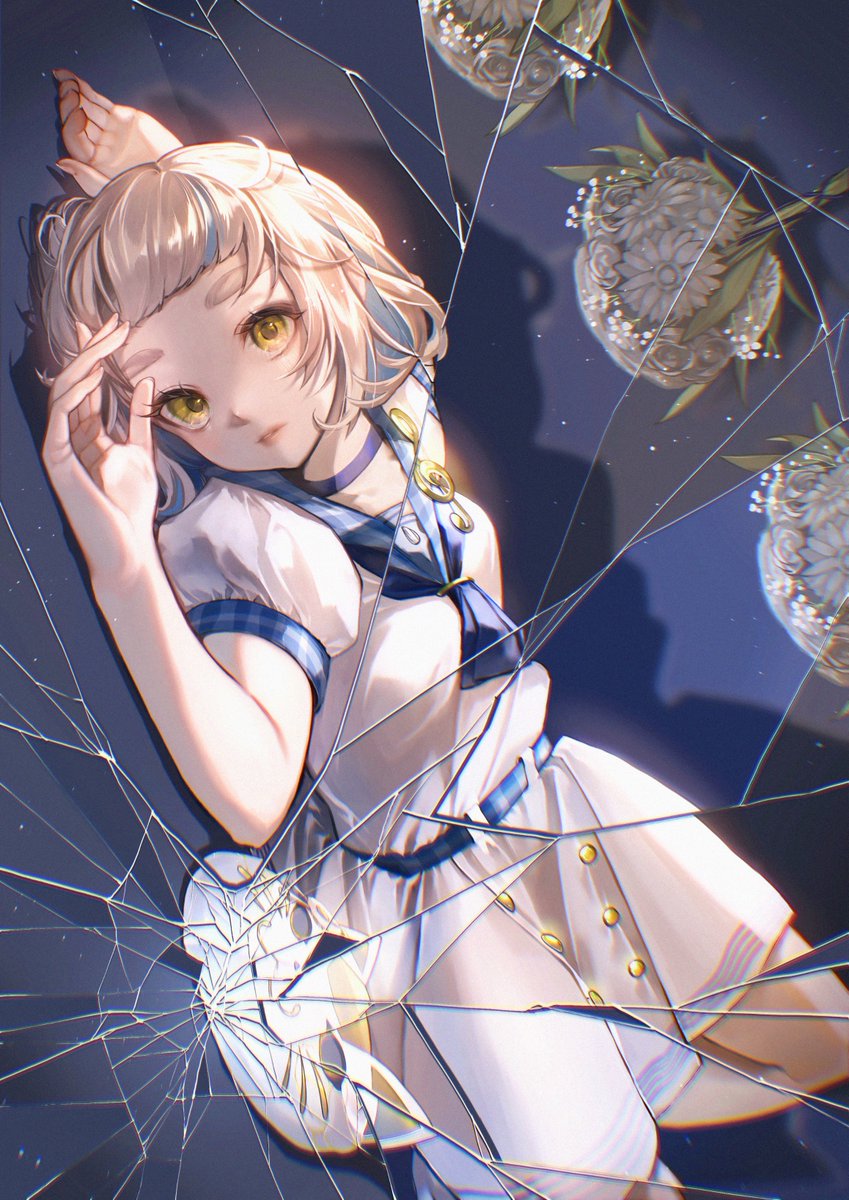 1girl, blue_choker, blue_hair, blue_neckerchief, choker, crack, cracked_glass, dress