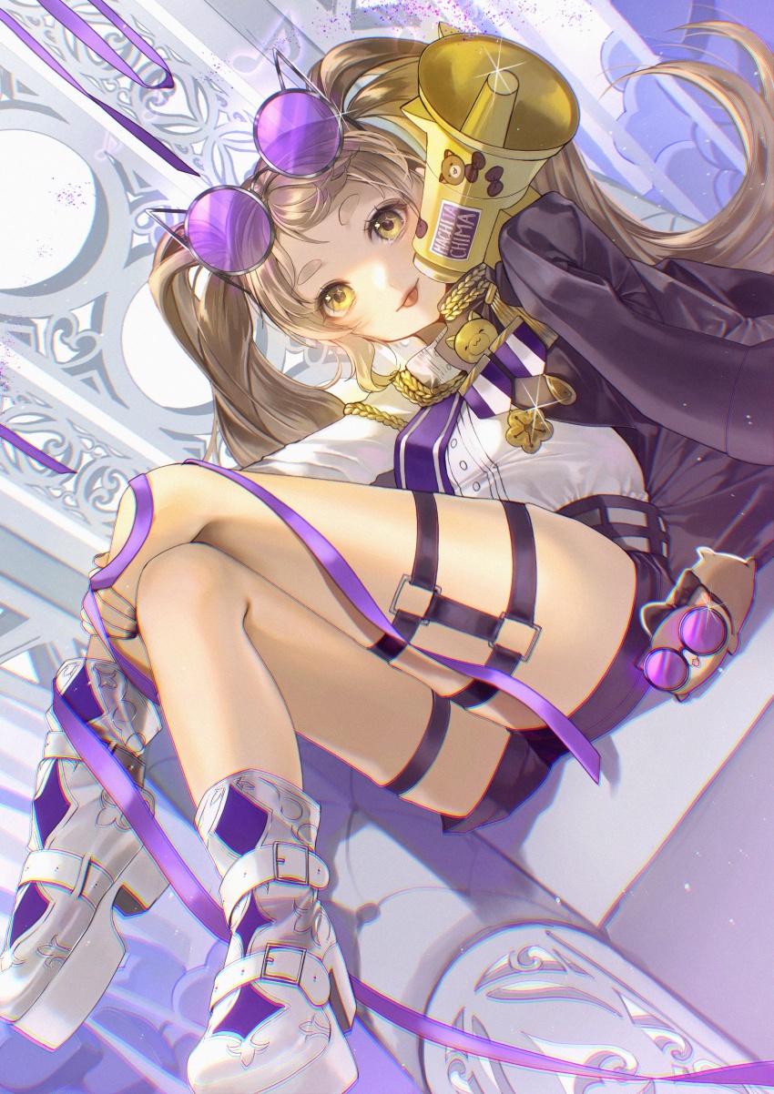 1girl, absurdres, black_shorts, brown_hair, cape, ch4nge_(cevio), character_name, eyewear_on_head