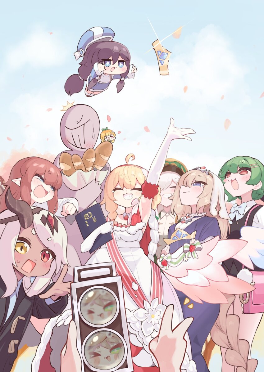 1other, 6+girls, ahoge, annotated, bag, belita_(trickcal), black_hair, blonde_hair