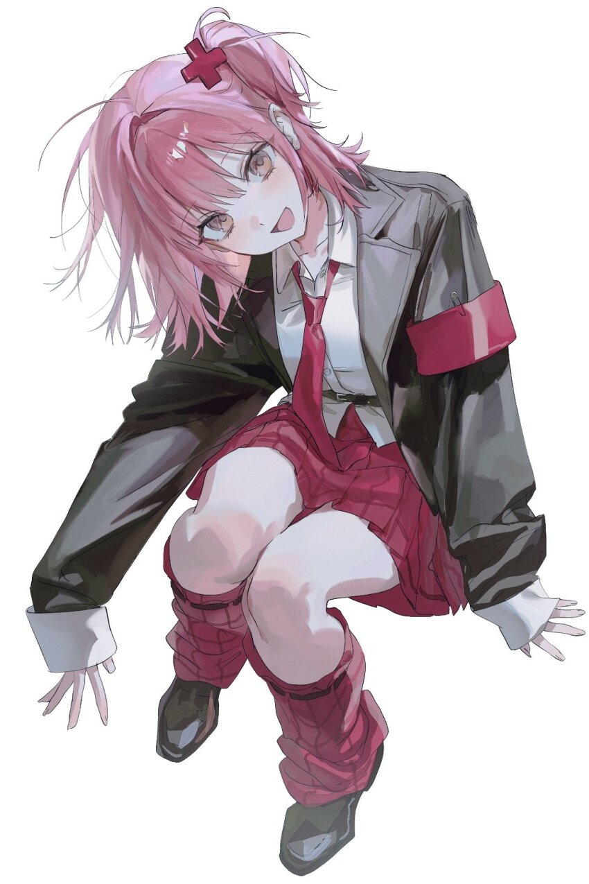 1girl, armband, black_jacket, cross_hair_ornament, full_body, hair_between_eyes, hair_intakes, hair_ornament