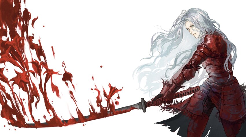 1girl, armor, blood, bloody_weapon, breastplate, bridal_gauntlets, closed_mouth, commentary