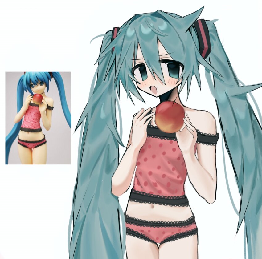 1girl, absurdres, apple, aqua_eyes, aqua_hair, cowboy_shot, figure-referenced, food