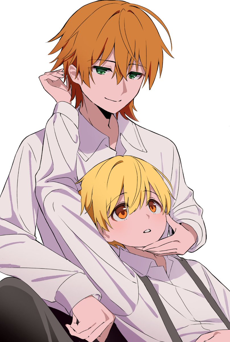 2boys, arm_up, blonde_hair, closed_mouth, commentary, grey_hair, grey_pants, hair_between_eyes