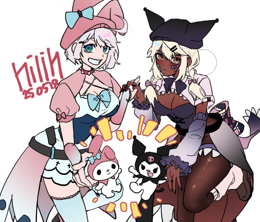 2girls, :<, @_@, ahoge, animal, animal_ear_headwear, animal_ears, aqua_eyes