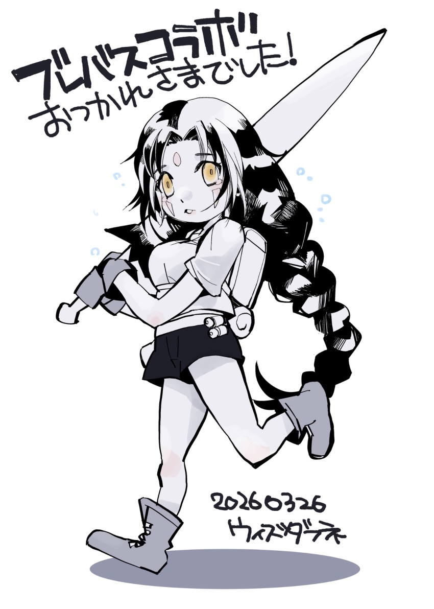 1girl, berkanan_(blade_&amp;_bastard), black_shorts, blade_&amp;_bastard, braid, chibi, chibi_only, facial_mark