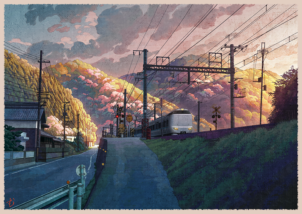 architecture, border, cloud, commentary_request, east_asian_architecture, grass, guard_rail, japan, landscape, mountain, mugumo_24k, multiple_unit_train, no_humans, original, osaka_prefecture, outdoors, overhead_line, power_lines, railing, railroad_crossing, railroad_signal, ramp, real_world_location, road_sign, scenery, sign, signature, sky, spring_(season), sunset, train, tree, utility_pole, wakayama_prefecture, white_border