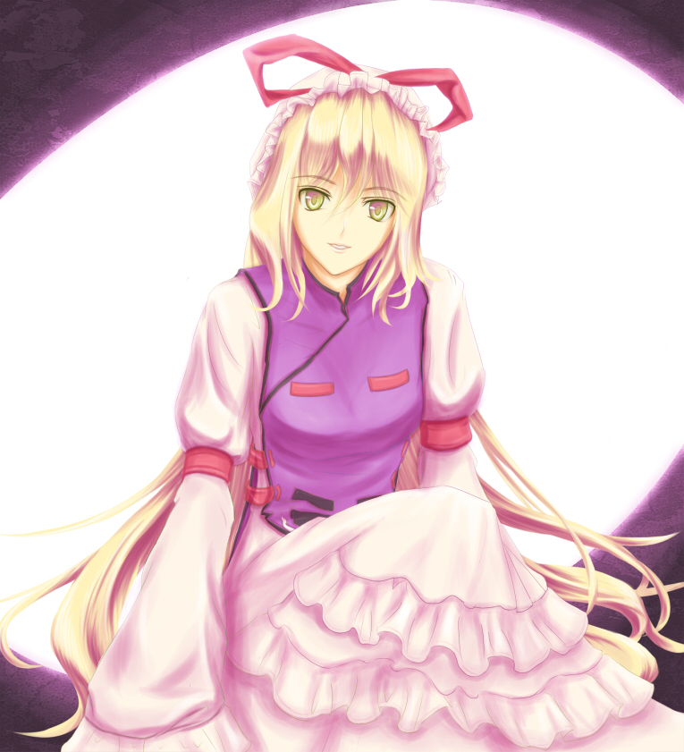 1girl, asagi_(xeelee), blonde_hair, female_focus, long_hair, smile, solo, touhou