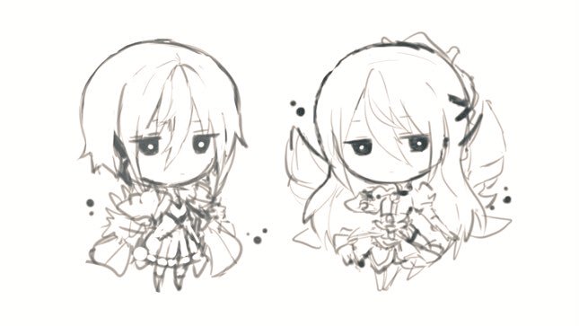 2girls, az_9649, chibi, chibi_only, greyscale, grimms_notes, monochrome, morrigan_(grimms_notes)