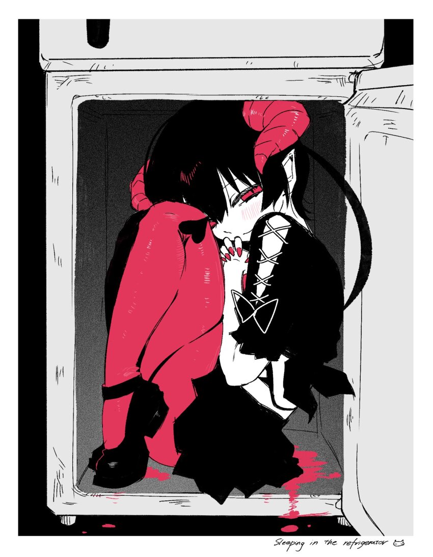 1girl, akuma_!_(synthesizer_v), black_dress, black_hair, black_shoes, blood, border, chill_(chill_meal)