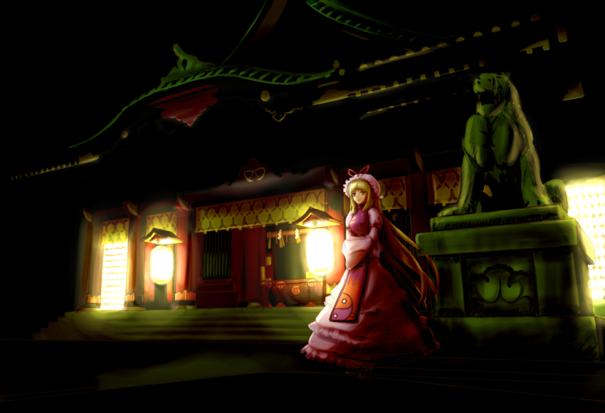 1girl, architecture, asagi_(xeelee), blonde_hair, building, east_asian_architecture, female_focus, hat