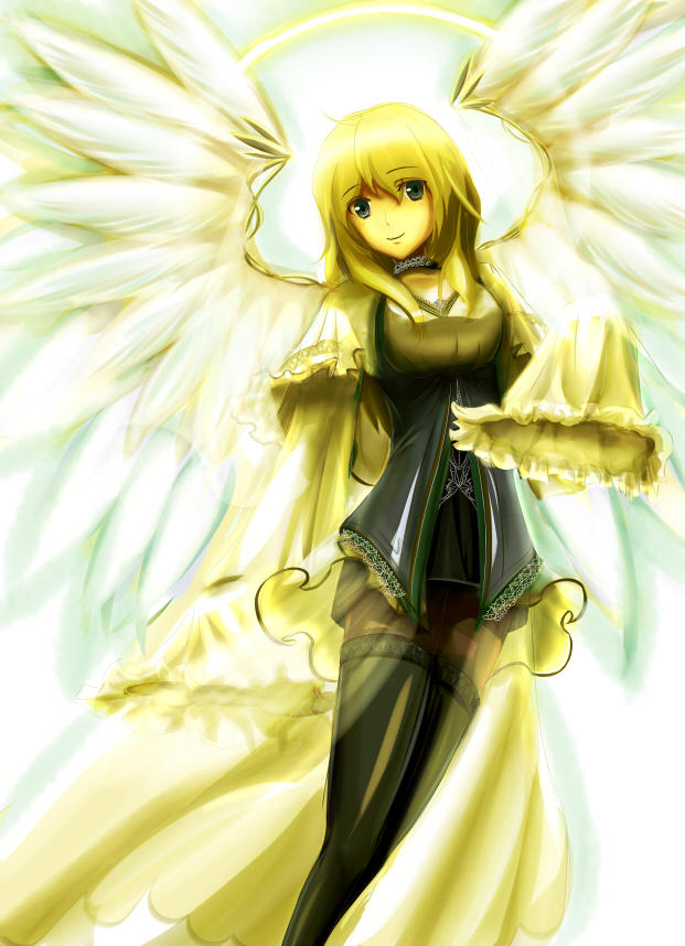 1girl, asagi_(xeelee), blonde_hair, female_focus, long_hair, original, smile, solo, thighhighs, wings