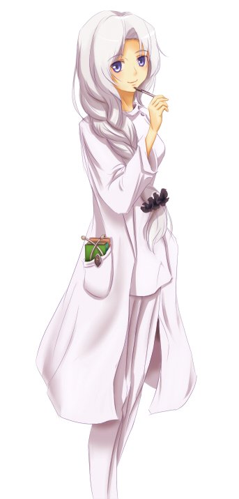 1girl, asagi_(xeelee), braid, female_focus, long_hair, smile, solo, touhou, white_hair, yagokoro_eirin