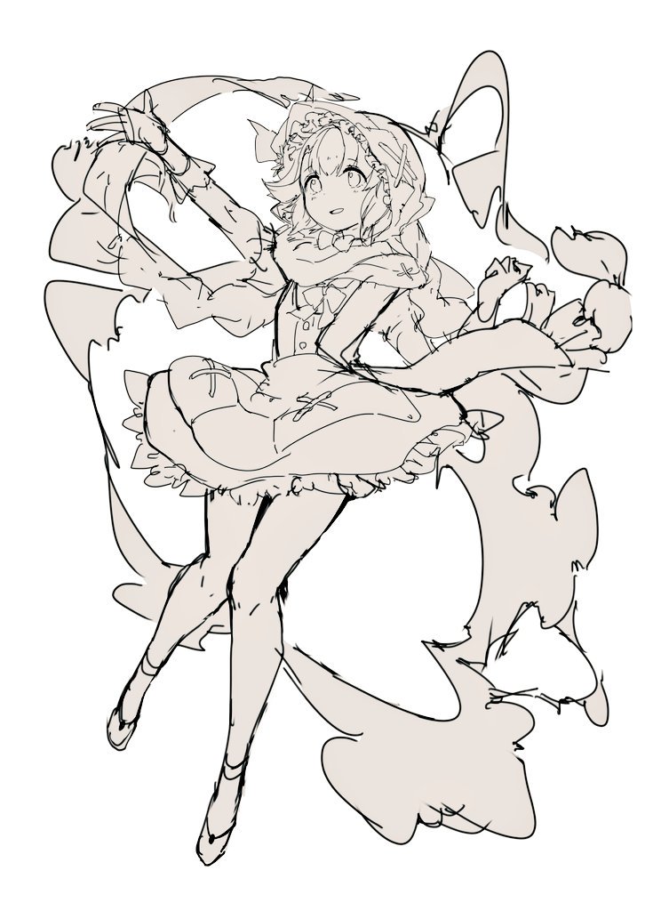 1girl, apron, arm_up, az_9649, braid, buttons, clenched_hand, full_body