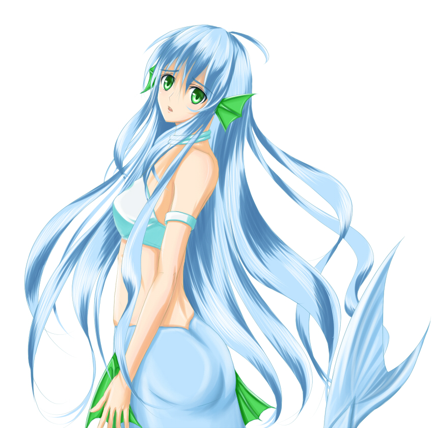 1girl, asagi_(xeelee), bare_shoulders, blue_hair, female_focus, green_eyes, long_hair, looking_at_viewer