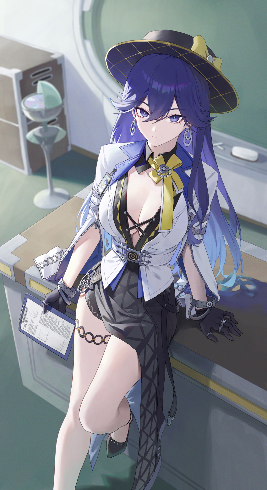 1girl, absurdres, black_dress, black_gloves, black_hat, black_shoes, bow, breasts