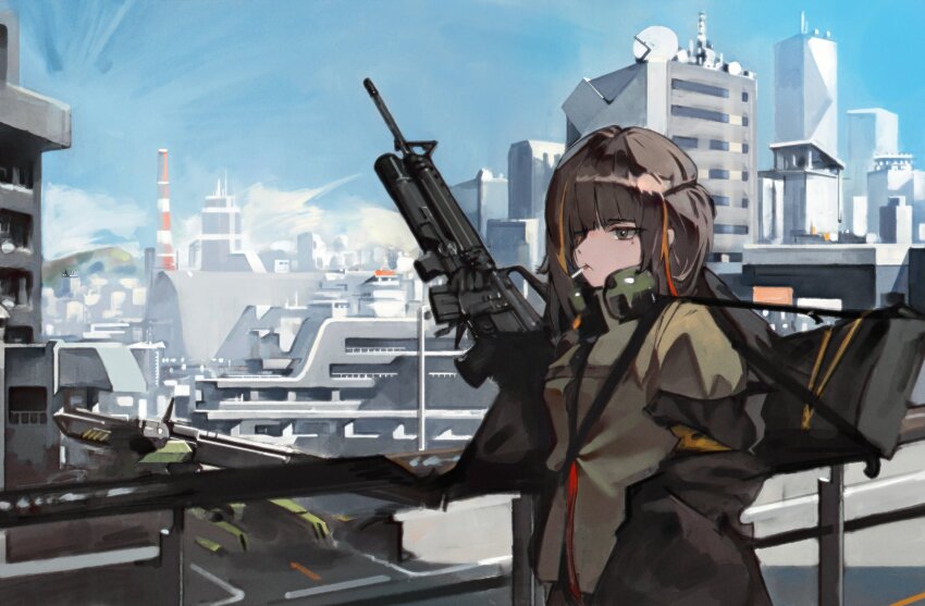 1girl, assault_rifle, black_hair, cityscape, girls'_frontline, grenade_launcher, gun, highres