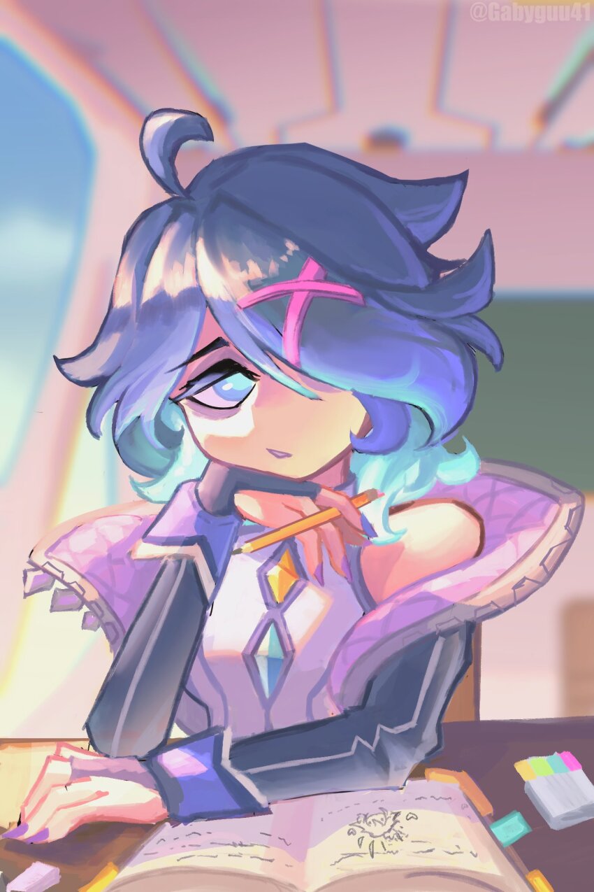 1girl, battle_academia_briar, blue_gem, blue_streaks, book, briar_(league_of_legends), chest_jewel, colored_sclera