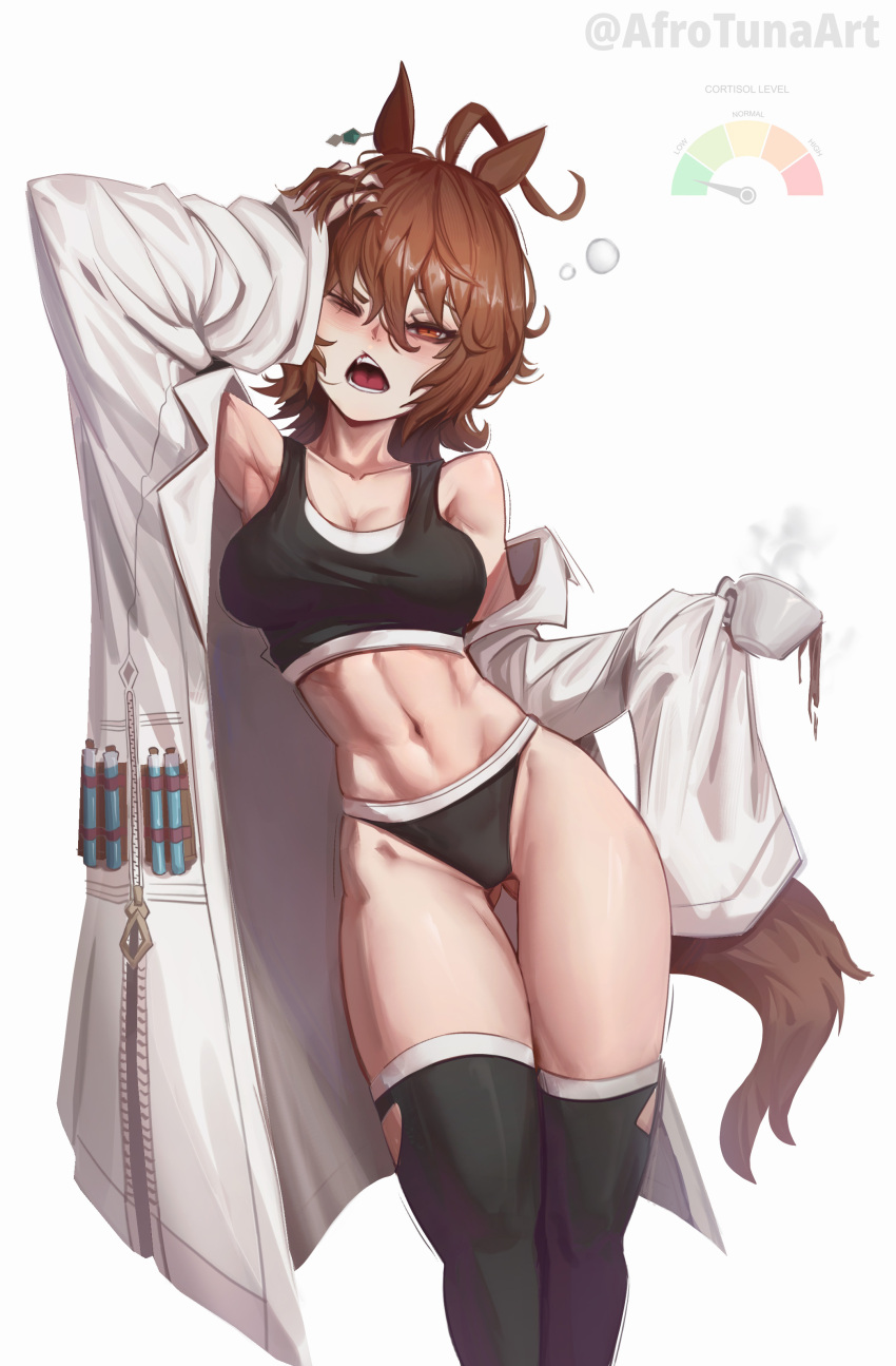 1girl, absurdres, afrotunaart, agnes_tachyon_(umamusume), ahoge, animal_ears, bare_shoulders, black_bra, black_panties, black_thighhighs, blush, bra, breasts, brown_hair, chemical_structure, cleavage, coat, collarbone, cortisol_level_(meme), cup, earrings, gluteal_fold, hair_between_eyes, highres, holding, holding_cup, horse_ears, horse_girl, horse_tail, jewelry, lab_coat, large_breasts, long_sleeves, medium_hair, meme, midriff, navel, one_eye_closed, open_clothes, open_coat, open_mouth, panties, red_eyes, single_earring, sleeves_past_fingers, sleeves_past_wrists, solo, steaming_food, tail, teeth, test_tube, thighhighs, toned, toned_female, umamusume, underwear