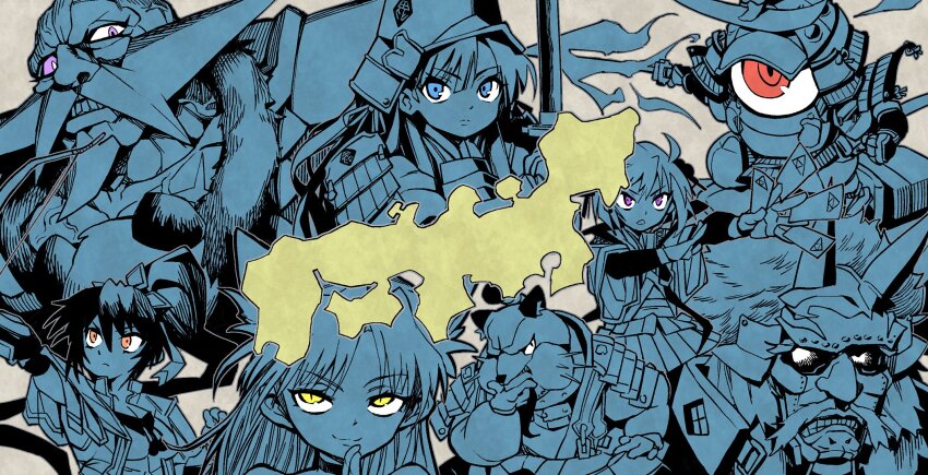 3girls, 4boys, armor, bald, between_fingers, black_eyes, blue_eyes, choker, closed_mouth, colored_sclera, commentary_request, dokuganryuu_masamune, facial_hair, fake_horns, goatee, hand_on_own_chin, helmet, heterochromia, high_ponytail, highres, holding, holding_sword, holding_weapon, horned_mask, horns, japan, japanese_armor, kabuto_(helmet), katana, long_hair, mask, mouri_motonari_(rance), multiple_boys, multiple_girls, mustache, nanjou_ran, one-eyed, ponytail, purple_eyes, purple_sclera, rance_(series), red_eyes, saburou_(sblo), sengoku_rance, shoulder_armor, smile, sode, spot_color, suzume_(rance), sword, takeda_shingen_(rance), tanuki, tokugawa_ieyasu_(rance), uesugi_kenshin_(rance), upturned_eyes, weapon, white_eyes, yamamoto_isoroku_(rance), yellow_eyes