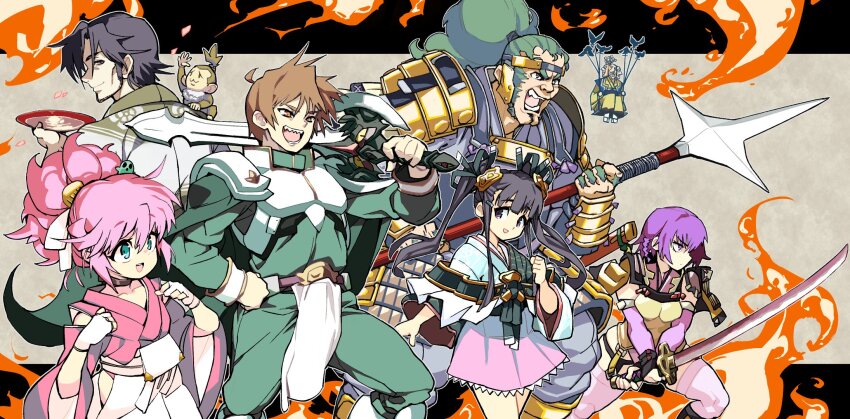 3g_(rance), 3girls, 4boys, alcohol, animal, animal_on_shoulder, armor, bird