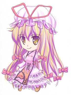 1girl, asagi_(xeelee), blonde_hair, bow, chibi, female_focus, hair_bow, hat