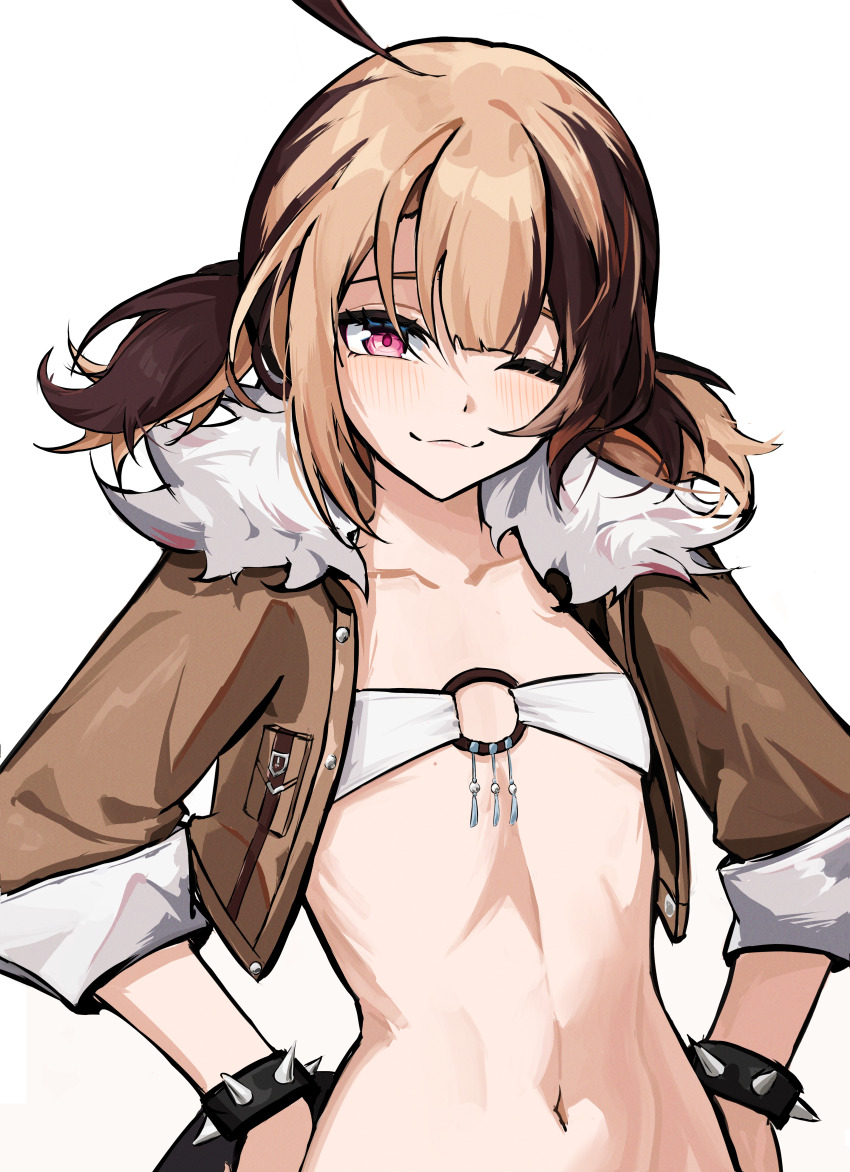 1girl, ;3, absurdres, ahoge, alternate_costume, bandeau, belt, blonde_hair, blush, breast_pocket, brown_hair, choker, closed_mouth, collarbone, commentary, cosplay, eyewear_on_head, flat_chest, fur-trimmed_jacket, fur_trim, gigi_murin, hair_between_eyes, hands_on_own_hips, harley_(star_savior), harley_(star_savior)_(cosplay), highres, hololive, hololive_english, jacket, looking_at_viewer, multicolored_hair, one_eye_closed, pink_eyes, pocket, simple_background, sleeves_rolled_up, smile, solo, star_savior, stomach, sunglasses, ttsyrene, twintails, two-tone_hair, virtual_youtuber, white_background, white_belt, yellow_eyes