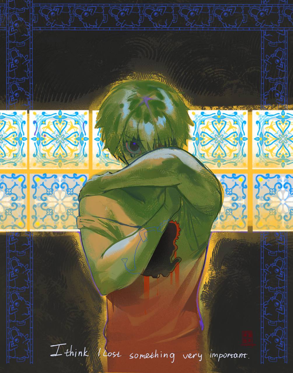 1boy, aged_down, blood, chainsaw_man, commentary, crying, crying_with_eyes_open, denji_(chainsaw_man), english_commentary, english_text, head_down, highres, hole_on_body, minokaigan, one_eye_covered, pochita_(chainsaw_man), solo, tears