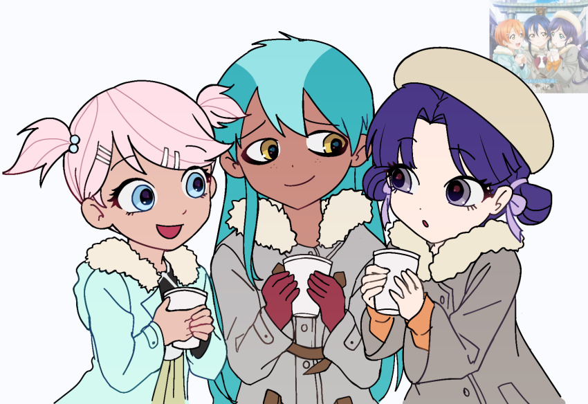 1boy, 2girls, blue_eyes, blue_hair, character_request, coat, cup, dark-skinned_male