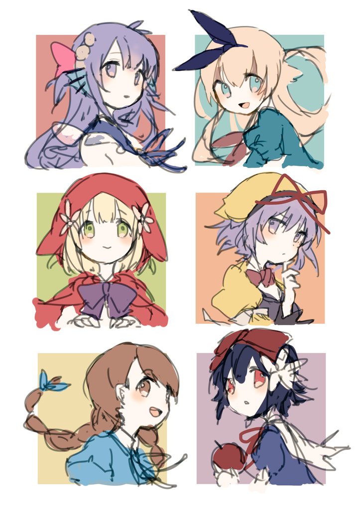 6+girls, alice_(grimms_notes), alice_(original)_(grimms_notes), apple, aqua_eyes, az_9649, blonde_hair, braid