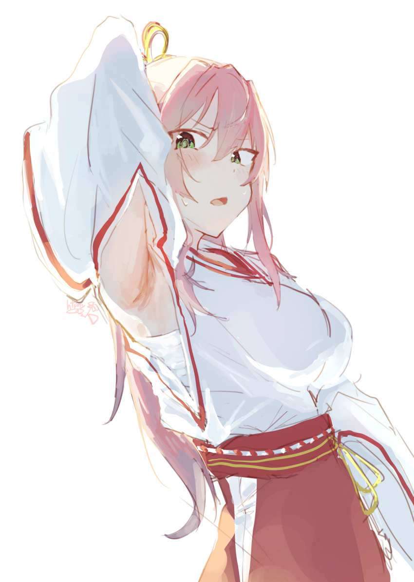 1girl, absurdres, aikawa_megumi, aikawa_megumi_(heart-stirring_flame), arm_up, armpits, blush, green_eyes, heaven_burns_red, highres, htpny, japanese_clothes, long_hair, looking_at_viewer, miko, open_mouth, pink_hair, simple_background, sweatdrop