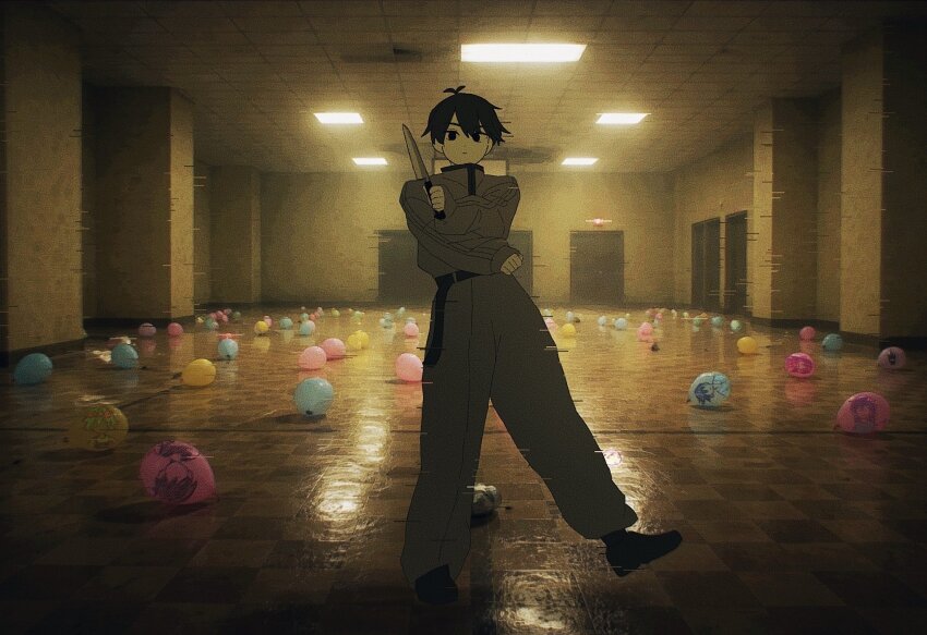 1boy, alternate_costume, antenna_hair, backrooms_(creepypasta), black_eyes, black_hair, black_shoes, closed_mouth